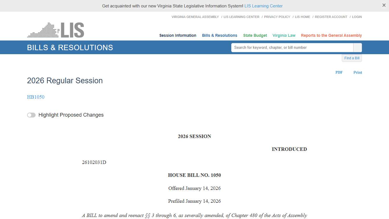 HB1050 - 2026 Regular Session LIS